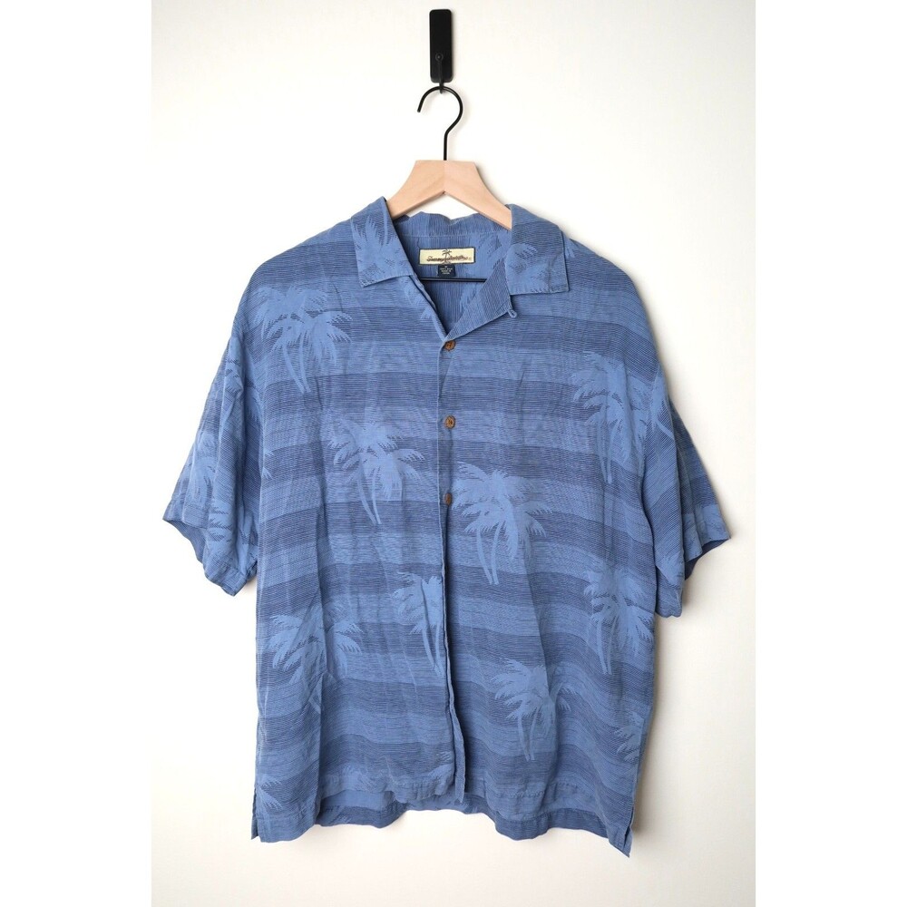 Tommy Bahama Medium 100% Silk Blue Palm Tree Striped Short Sleeve Camp Shirt